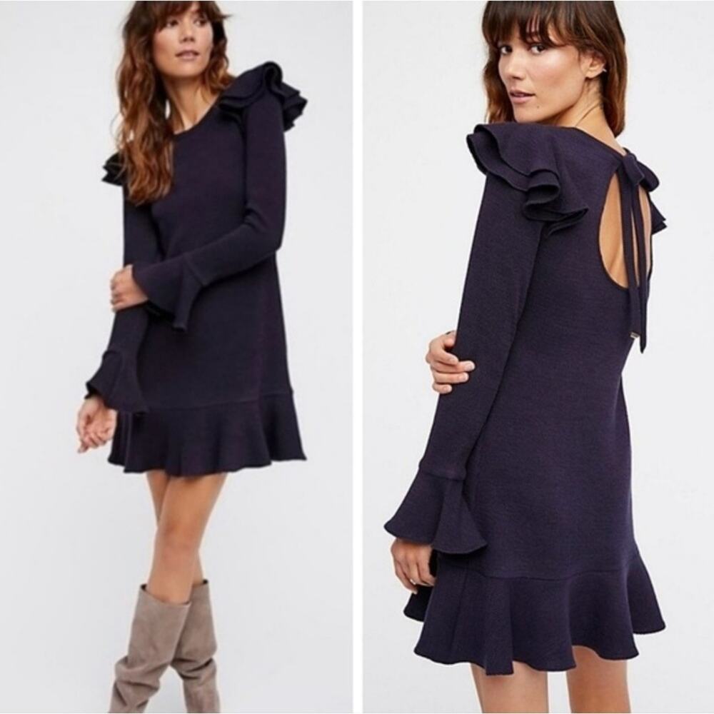SAYLOR X FREE PEOPLE Chase Navy Knit Mini Ruffle Sweater Dress w/Keyhole Large